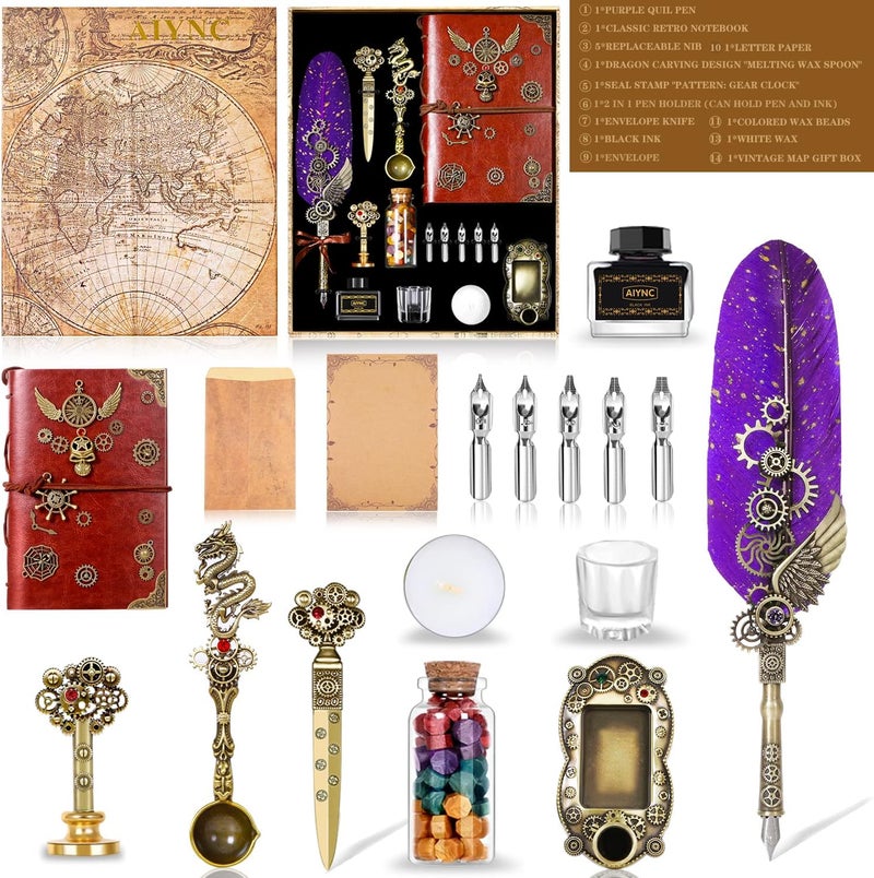 AIYNC Feather Pen Ink Set With Quill Pen, Notebook, 5 Replaceable Nibs, Seal Stamp, Spoon, Wax Beads, White Wax, Pen Holder, Cup, Envelope, Letter Paper, Envelope Tool (Purple) - Image 2
